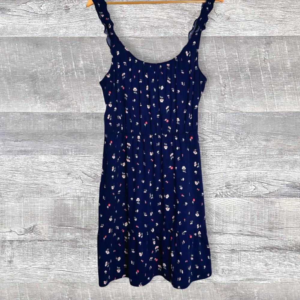 Banana Republic Ruffle Fit & Flare Sleeveless Dress Womens L Preppy Navy Floral